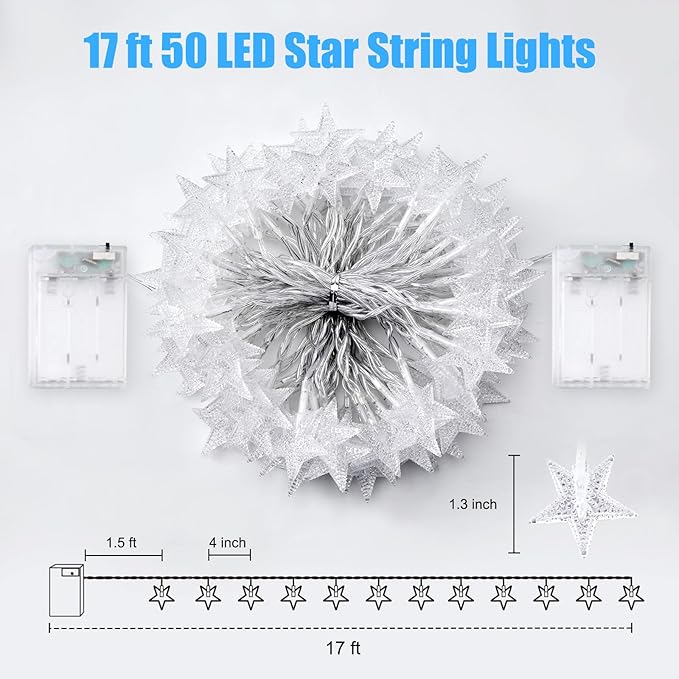 Minetom Star String Lights Battery Operated - 2 Pack 17 ft 50 LED Star Fairy String Lights with Timer, Waterproof for Indoor Bedroom Tent Loft Bed Patio Party Wedding Decor, White