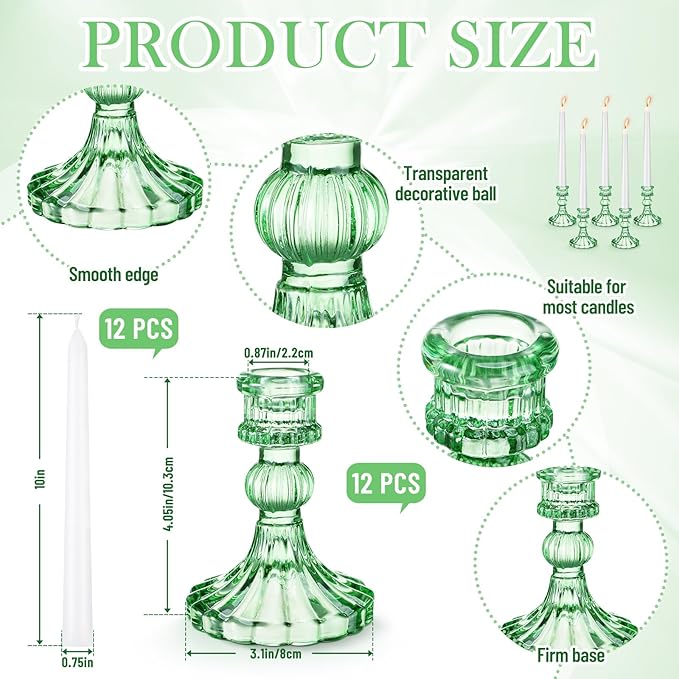 Suclain 24 Pcs Glass Taper Candle Holder Sets 12 Candlestick Holder with 12 White Long Candles for Wedding Party Decor Dinner Decoration(Green)