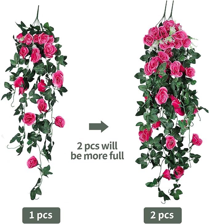 RECUTMS 2pcs Artificial Hanging Plants 32 in Fake Plant Ivy Vine Outdoor UV Resistant Plastic (Rose red)