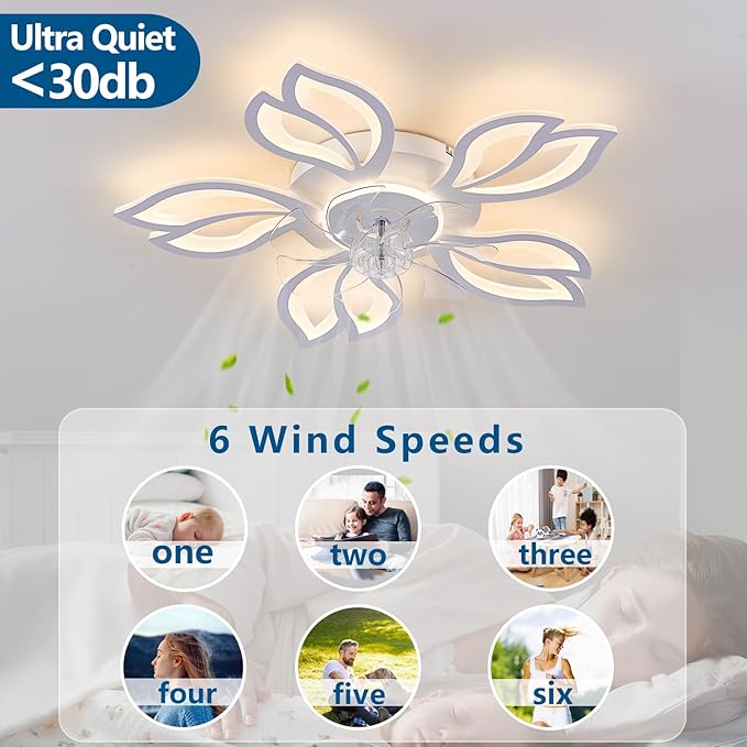 Ceiling Fan with Lights Remote Control, 26" White Low Profile Ceiling Fan with Light, Modern Leaf Geometric Flush Mount Ceiling Fan for Kitchen Bedroom