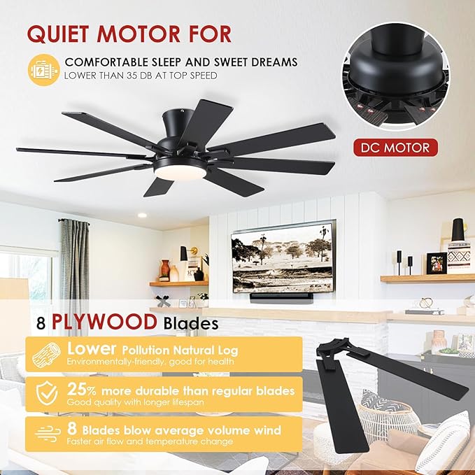 Ceiling Fans with Lights- 52" Low Profile Indoor Ceiling Fan with Light and Remote/APP Control, 8 Blade,Flush Mount, LED Dimmable DC Reversible Modern Ceiling Fan for Bedroom（Black）