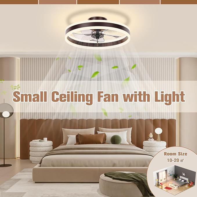 VOLISUN Fandelier Ceiling Fans with Lights and Remote, 15.7in Low Profile Ceiling Fan Flush Mount, 3000K-6500K Dimmable Bladeless LED Fan Light, Brown Modern Ceiling Fans with Lights for Bedroom