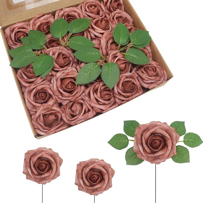 JOYLEX Artificial Flowers Realistic Roses, Real Looking Fake Roses with Stem for DIY Wedding Bouquets Centerpieces Bridal Shower Party Home Romantic Decorations (Warm Taupe, Regular 3" - 200pcs)