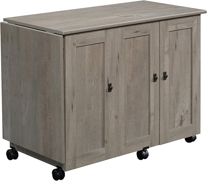 Sauder Craft Cart Storage Cabinet, Rolling Sewing Table with Expandable Top, Mystic Oak