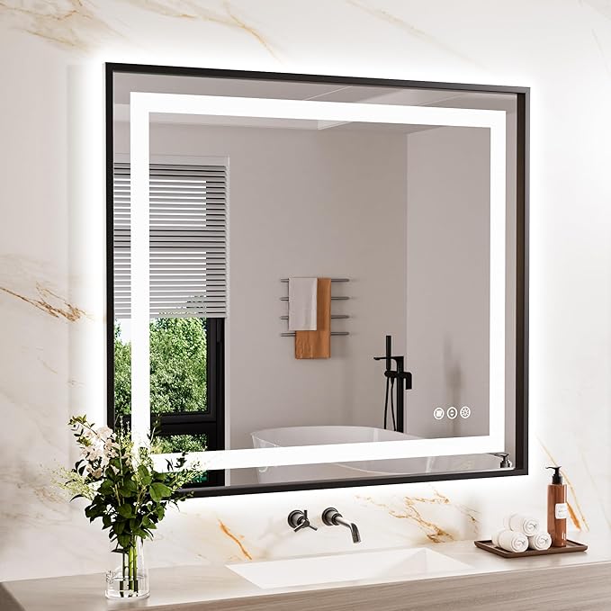 LED Bathroom Mirror,40"x36" Mirror with Black Frame, Front Light and Backlit, Stepless Dimmable, Anti-Fog, Shatter-Proof, Memory, 3 Colors, Double LED Vanity Mirror