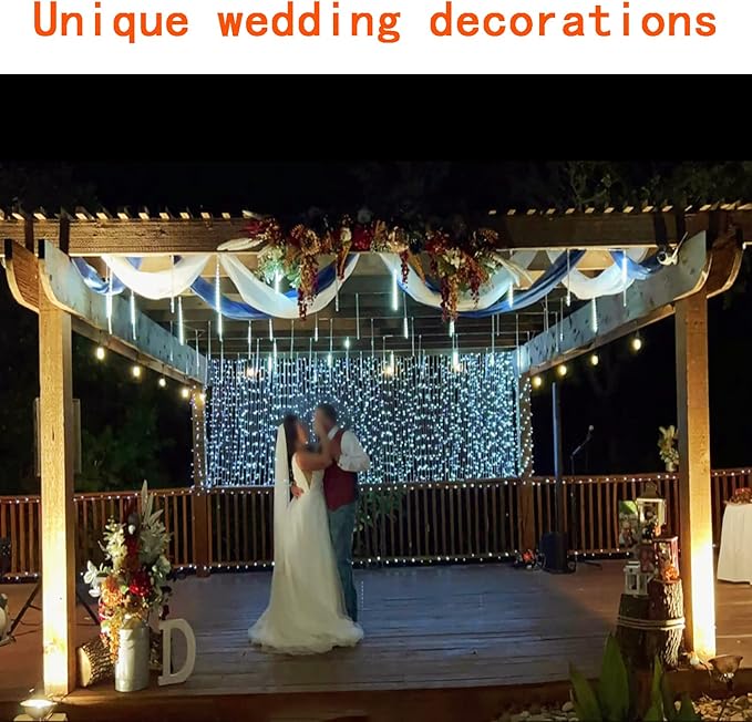 Kwaiffeo Outdoor Christmas Decorations, Waterproof 16-Tube Meteor Shower Lights for Xmas Wedding Party Hanging Decor, Wedding Decorations for Reception, Equivalent to 2 Sets of 8-Tubes, White