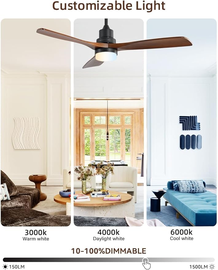 Sofucor 52 Inch Smart Ceiling Fans with Lights and Alexa/Google Assistant/APP/Remote Control-Modern Solid Wood Outdoor Walnut 3 Blades Ceiling Fan for Bedroom Living Room Farmhouse Patio, Brown Black