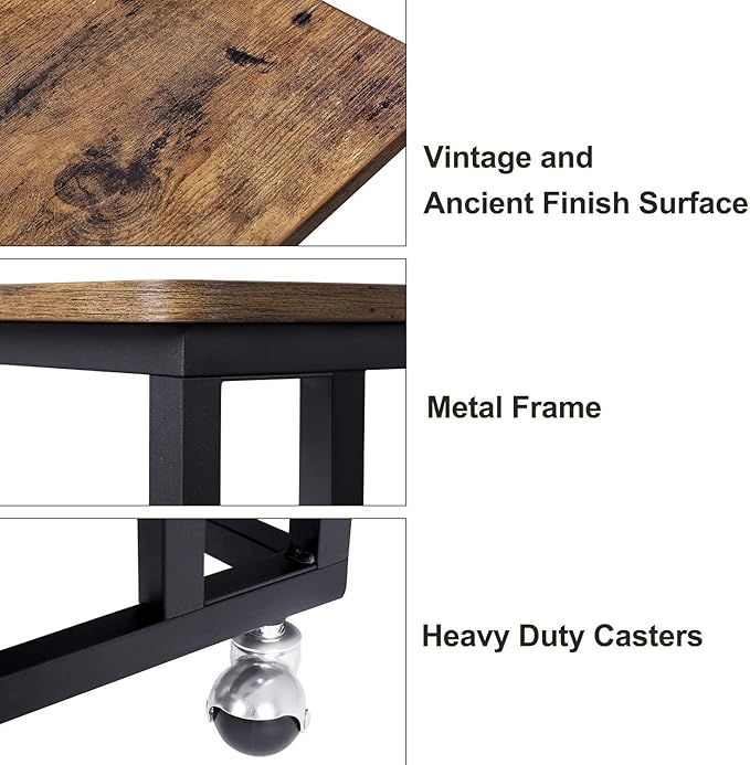 VASAGLE End Table, C Shaped TV Tray with Metal Frame Rolling Casters, Industrial Side Table for Living Room Bedroom, 19.7 x 13.8 x 23.6 Inches, Rustic Brown and Black