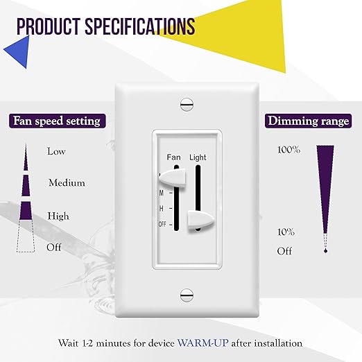 ENERLITES 3 Speed Ceiling Fan Control and LED Dimmer Light Switch, 2.5A Single Pole Light Fan Switch, 300W Incandescent Load, No Neutral Wire Required, 17001-F3-W, White