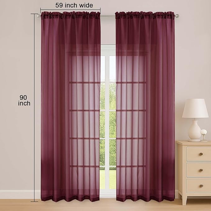 OWENIE Burgundy Sheer Curtain 90 Inches Long 2 Panels Set, Solid Filmy Drapes for Living Room Bedroom, Elegant Window Sheer Curtain Panels Drapes, 2 Pcs, Each 59W x 90L Inch