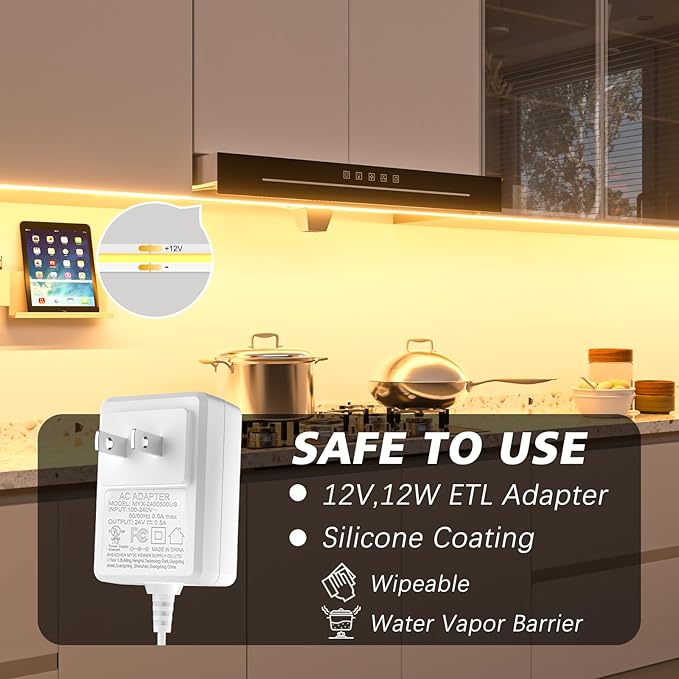 WOBANE Under Cabinet Lights,Flexible COB LED Strip Light,Under Counter Lights for Kitchen,Mirror, Ceiling,Room,TV,Shelf,Closet,ETL Listed,6.6ft,640LEDs,3000K Warm White,900lm