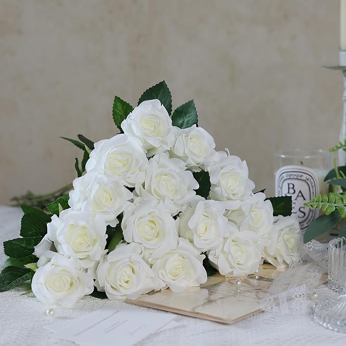 FOTEEWL 60 Pcs Artificial Rose Flower Realistic Faux Silk Roses Stem Fake Roses Bouquet for Flower Arrangement,Wedding Centerpieces,Party,Home Decorations (White)