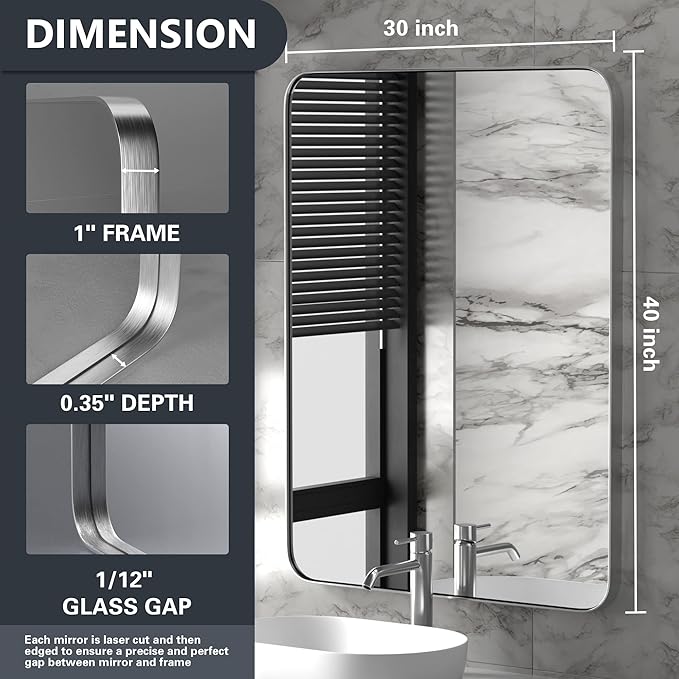 PAIHOME 30x40-Inch Brushed Nickel Bathroom-Vanity-Mirror for Wall - 304 Stainless Steel Silver Frame Bathroom Mirrors, Rectangle Farmhouse Mirror, Vertical Or Horizontal Hanging Modern Mirror