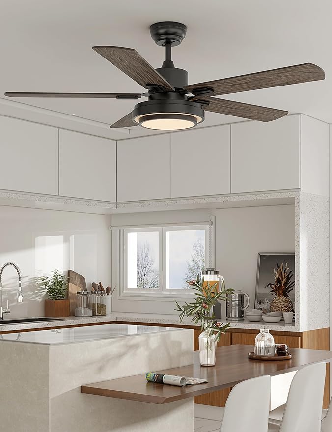 warmiplanet Ceiling Fans with Lights and Remote Control, 52 Inch, 6 Speeds Reversible DC Motor, 3 Color Dimmable Light, Timer, Noiseless, Black, 5 Blades, 2 Pack