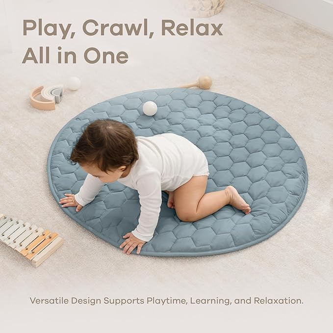 Comfy Cubs Round Kids Play Mat -Small 36 inches Soft Quilted Baby Floor Mat with Non-Slip Bottom - Plush Design for Toddlers' Playtime and Relaxation - Comfortable and Durable - Pacific Blue