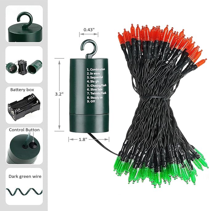 LYHOPE Battery Christmas Lights, 2Pack Total 66ft 200 LED Christmas Lights Waterproof 8 Modes Battery Operated String Light for Outdoor & Indoor, Xmas Tree, Wreaths, Holiday Decoration (Red & Green)