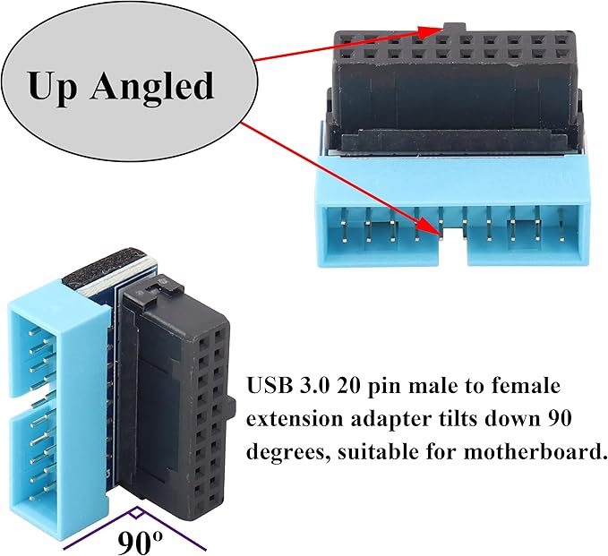 2 Pack 90 Degree Up Angle USB 3.0 20pin Connector USB 3.0 19Pin/20Pin Female to Male Extension Power Adapter Board for Desktop Motherboard Mainboard Internal Header Adapter(Up/blue-20Pin)
