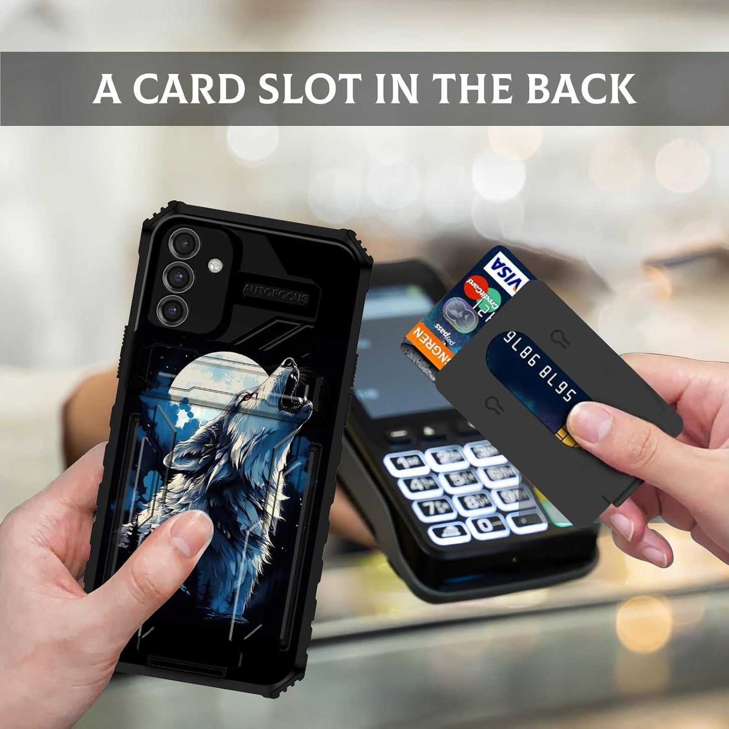 Galaxy A15 5G Wallet Case with Card Holder and Kickstand, Dual Layer Heavy-Duty Shockproof Case, Roaring Wolf