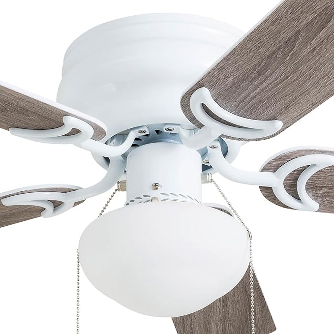 Prominence Home Alvina Traditional 42 Inch Ceiling Fan with Light, LED Flush Mount Ceiling Fan, Indoor Fan with 5 Blades, White and Gray Oak Blade Finish Options, White (80092-01)