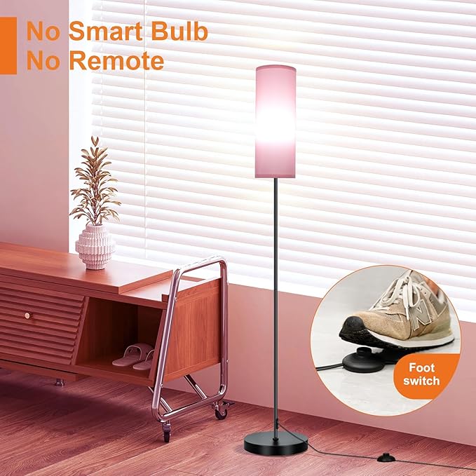 FRIDEKO HOME Floor Lamp with Pink Shade, Simple Design with Foot Pedal Switch, Small Tall Lamps for Living Room Bedroom Office, Corner Floor Stand Light with Black Pole Lamp (No Bulb/No Remote)