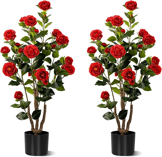 Artificial Camellia Tree 2 Pack, Artificial Plants Outdoor Faux Floral Plant in Cement Pot Fake Red Silk Camellia Tree Plants for Home House Living Room Office Decor (Red (2 Pack))