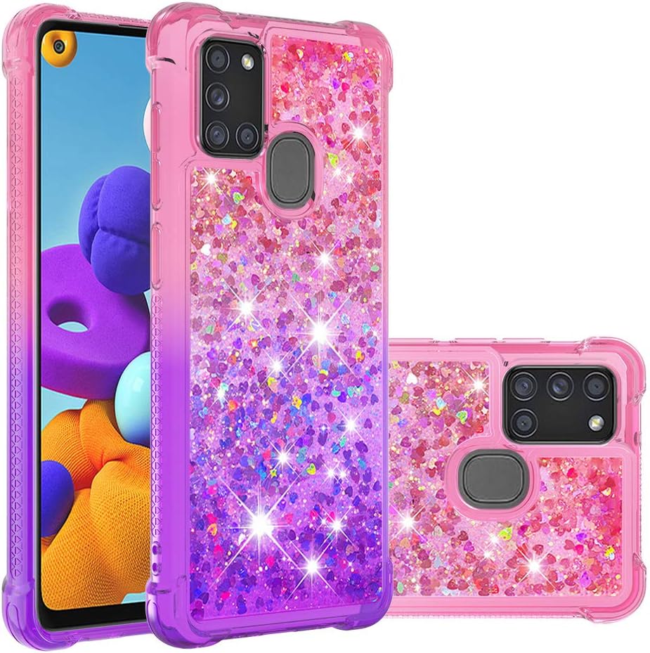 Samsung Galaxy A21S Case with Tempered Glass Screen Protector, Glitter Bling Floating Liquid TPU Shockproof Cover -
