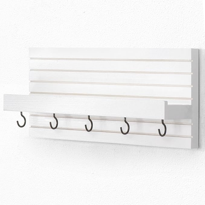 Decorative Key Holder for Wall with Shelf, Entryway Shelf with Hooks Holds Leashes, Jackets and Glasses – Sturdy Wood Keyholder Entrance Hanger with Mounting Hardware (White, Medium)