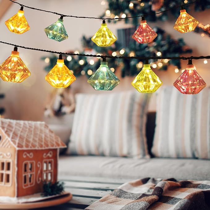 Vigdur Lantern String Lights - Multicolor Decorative String Lights Plug in with 10 Diamond Shaped Bulbs, Indoor String Light for Xmas Party Wedding Bedroom Patio Decor
