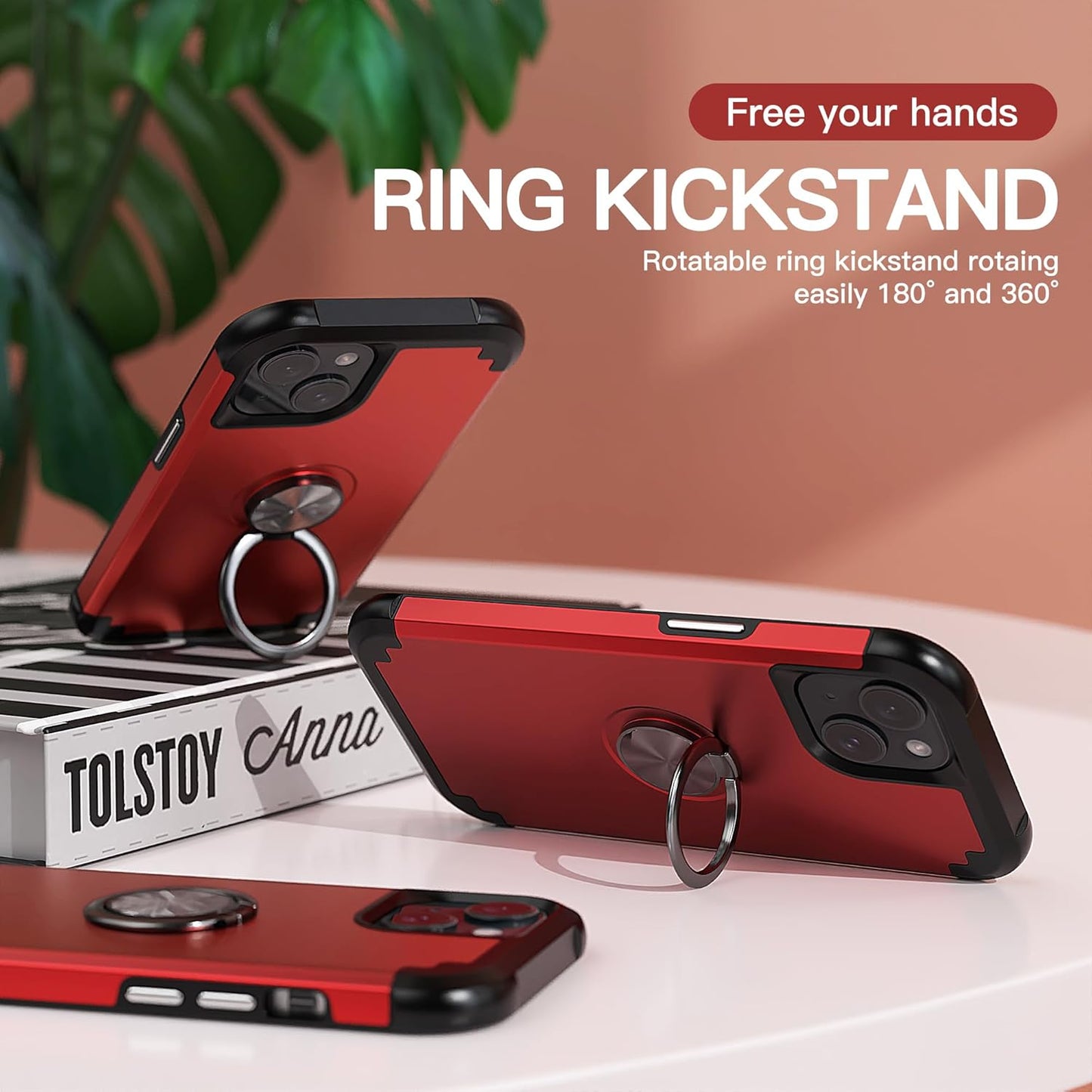 IDweel iPhone 14 Plus Case: 2-in-1 Shockproof Cover with Screen Protector, 360° Ring Holder, Camera Lens Protector, Red.