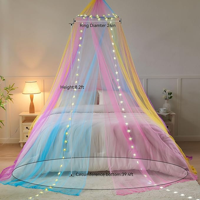 Obrecis Bed Canopy with Lights, Rainbow Bed Canopy for Girls Princess,Canopy Bed Curtains Bedroom Decor for Girls,Fits Single, Twin, Full, Queen Size Kids