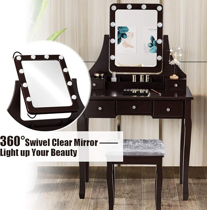 CHARMAID LED Vanity Desk with Lighted Mirror, 10 Dimming Bulbs, 5 Drawers, 3 Storage Organizers, Makeup Vanity Desk with Stool, Bedroom Dressing Table, Gift for Girls Women (Espresso)
