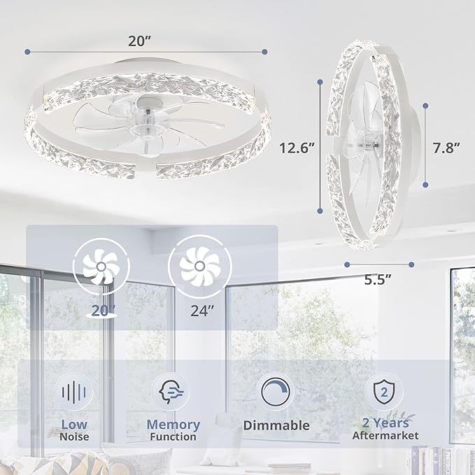 LEDIARY 2 Pack 20 Inch Low Profile Ceiling Fan with Lights and Remote, Dimmable Fandelier Ceiling Fans, White Modern Flush Mount Ceiling Fan with 3 Color Temperature Change and 6 Speeds
