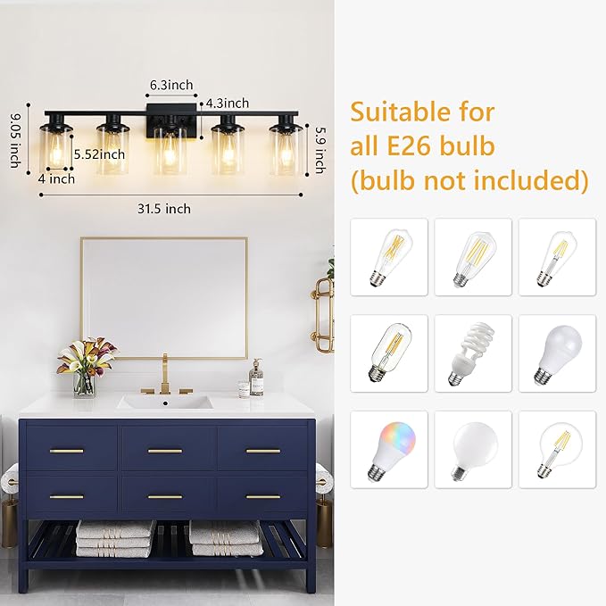 Black Bathroom Vanity Light Fixture 5-Light Vanity Lights for Bathroom Lighting Wall Sconce Lamp