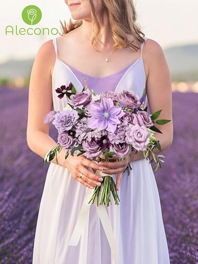 Alecono Artificial Flowers, Purple Fake Flowers Combo Box with Stems for DIY Wedding Bridal Bouquets, Cake Party Table Centerpieces Home Decor