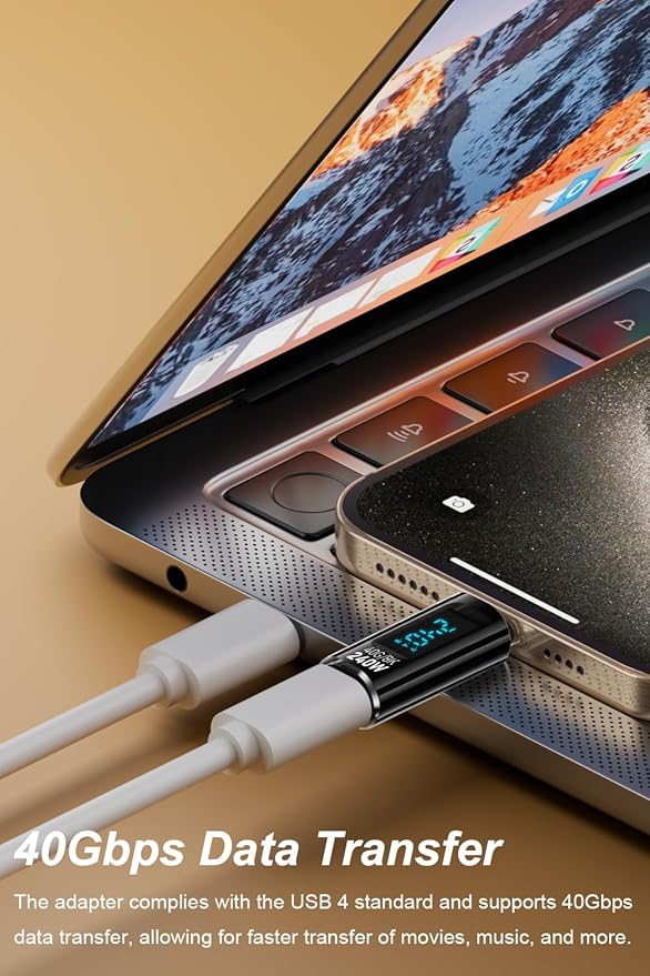 2 Pack USB C Adapter with Digital Display, PD 240W USB-C Male to Female Connector for iPhone 15 Series, iPad, MacBook, Support Voltage, Current and Power Smart LED Display (Black)
