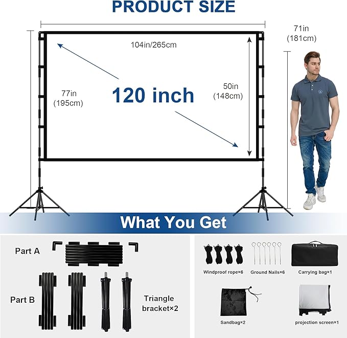 120-Inch Outdoor Projector Screen, 2025 Upgraded Large-Screen Immersive Viewing, Portable and Wrinkle-Free, lejiada 16:9 HD Widescreen, 160° Wide Viewing Angle, Suitable for Home and Outdoor