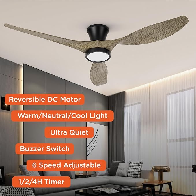 TALOYA 52 inch Ceiling Fans with Lights Remote Control, Modern Low Profile Ceiling Fan with Quiet Reversible DC Motor for Bedroom Living Room and Patio Black Walnut Finish