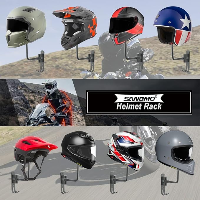 SANGMO Grey 180 Motorcycle Helmet Rack, Rotation Metal Wall Mounted Holder With 2 Hooks for Bike Coats, Caps, Baseballs (2 Pcs)
