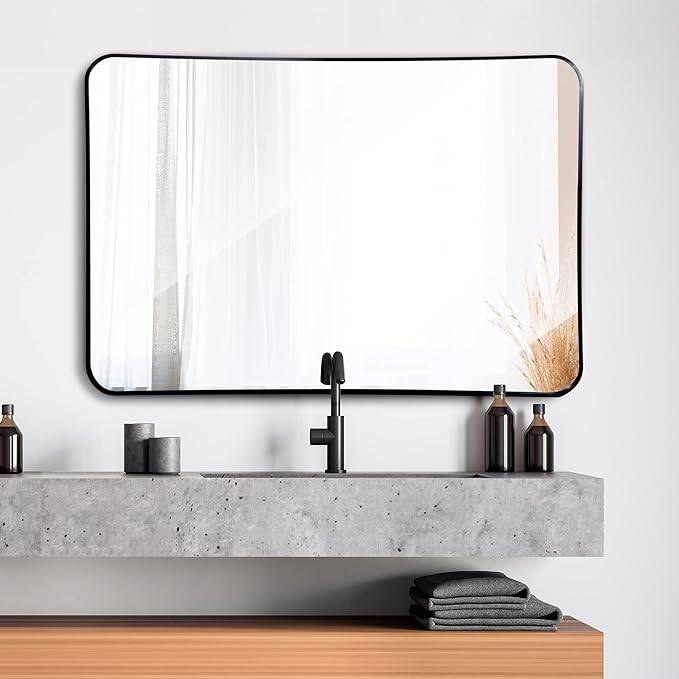 SUPER DEAL 24x36 Inch Black Wall Mirror for Bathroom, Stainless Steel Metal Frame with Rounded Corner, Rectangular Bathroom Entryways Decor Vanity Mirrors Wall Mounted