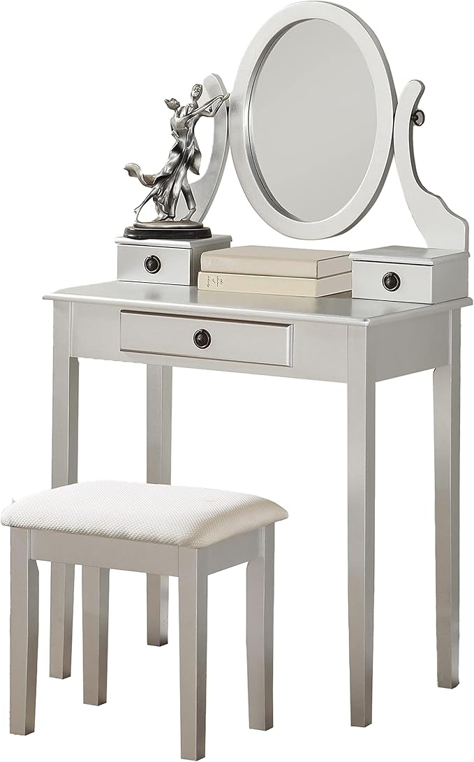 Roundhill Furniture Moniys Wood Moniya Makeup Vanity Table and Stool Set, Silver