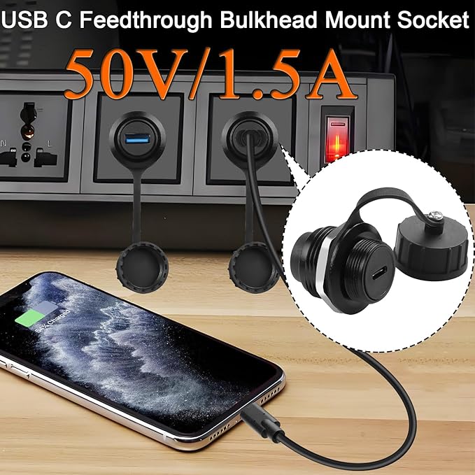 QIANRENON 10Gbps USB C Waterproof Data Adapter USB Type C 3.1 Female to Female Panel Mount Waterproof Connector USB C Feedthrough Bulkhead Mount Socket 50V/1.5A, for Outdoor Data Transfer/Charging
