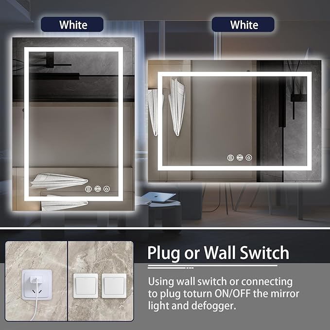 Koonmi 32x24 LED Bathroom Mirror, Backlit + Front Lit, LED Bathroom Mirror with Lights for Wall, 3 Colors, Anti-Fog, Dimmable Brightness, Memory Function, Tempered Glass