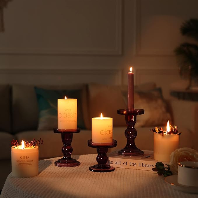 GMWD 3 Pcs Glass Candle Holder Set Clear, Purple Candlesticks Holders Pillar Taper Candles Tealight Stand for Wedding Centerpieces Home Decorations Dining Table