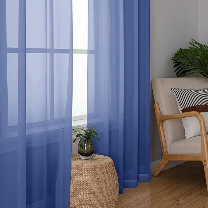 Aiyufeng Royal Blue Sheer Curtains 84 Inches Long 2 Panels Set, Semi Transparent Voile Rod Pocket Blue Sheer Window Drapes for Bedroom Bed Canopy Dining Wedding Party Backdrop, 40W x 84L inch