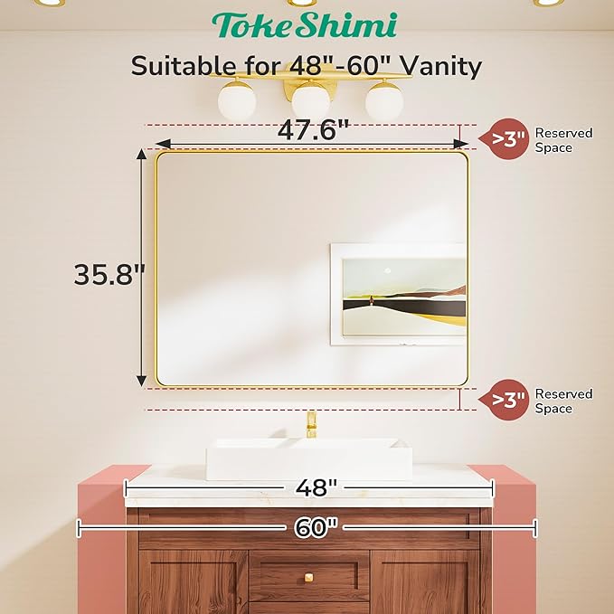 TokeShimi 48x36 Gold Bathroom Mirror for Over Sink,Tempered Glass,Rectangle Mirror for Bathroom,Large Bathroom Mirror for Vanity(Horizontal/Vertical)
