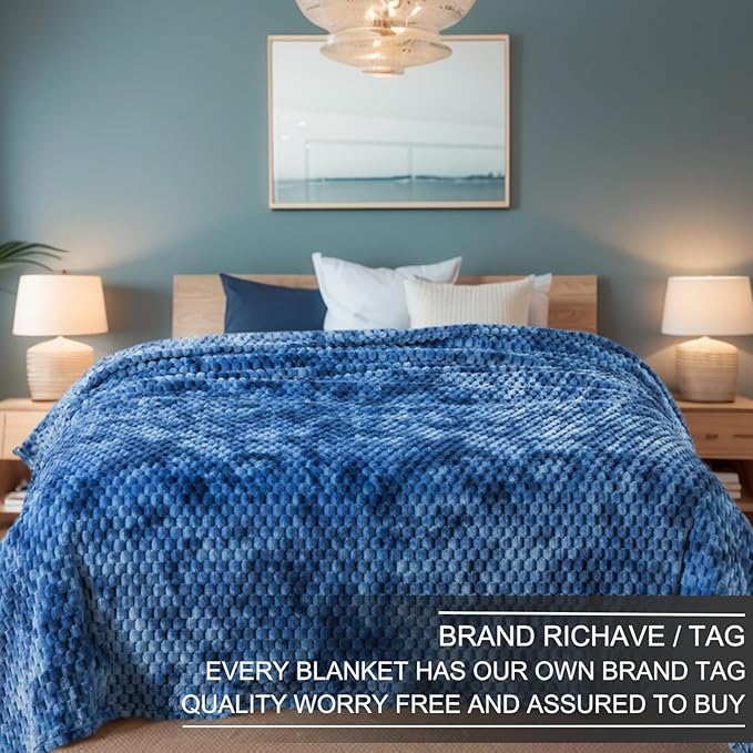 Richave Queen Size Fleece Blanket,Premium Lightweight Anti-Static 90x90 Inches 3D Clouds Stylish Jacquard Velvet Plush Bed Blanket for Queen Full Bed, Tie-dye Stone Blue