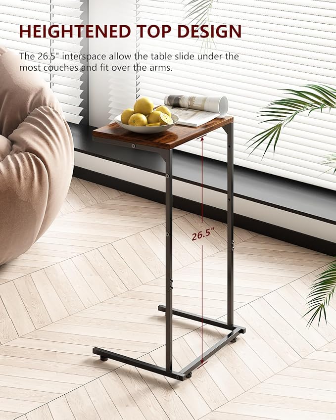 Vantic C Shaped End Table, Small Side Table for Couch and Recliner, Slide Under Sofa Tray Desk with Storage Bag for Living Room and Bedroom, Rustic Brown