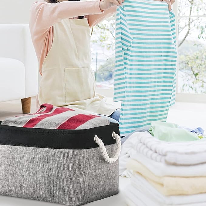 TcaFmac Storage Basket for Organizing - Large 4 Pack Canvas Decorative Storage Bins Baskets for Shelves with Ropes, Foldable Storage Cubes for Closet Cloth Toy Linen(Black & Grey 16x12x8 inch)