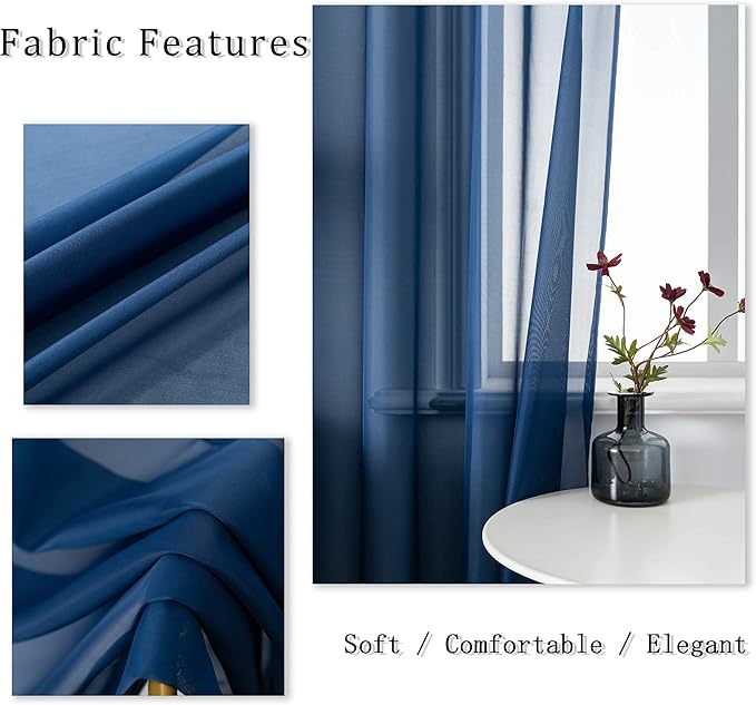 DUALIFE 72 Inch Length Navy Blue Curtains for Bedroom 2 Panels Set Semi Sheer Grommet Window Texture Soft Voile Sheer Curtains for Living Room Boys Playroom 52x72 Inches Long