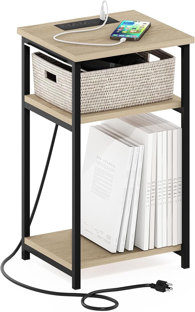 Furinno Moretti Side Table, 3-Tier End Table with Charging Station, Metal Frame Night Stand, Bedside Table with USB and Type-C Charging Port, for Living Room, Bedroom, Bauhaus Oak